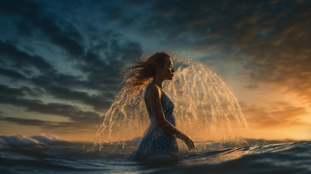 Kobieta w niebieskiej sukience pływa w oceanie z rozbryzgami wody na pierwszym planie.