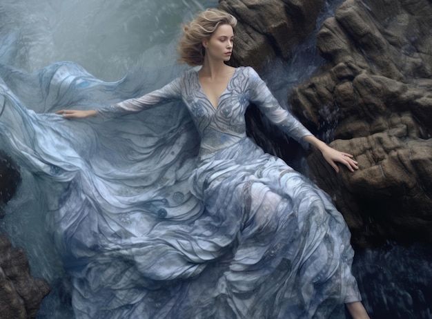 Kobieta w niebieskiej sukience siedzi na skale w wodzie.