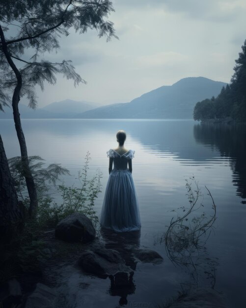 kobieta w niebieskiej sukience stoi na brzegu jeziora