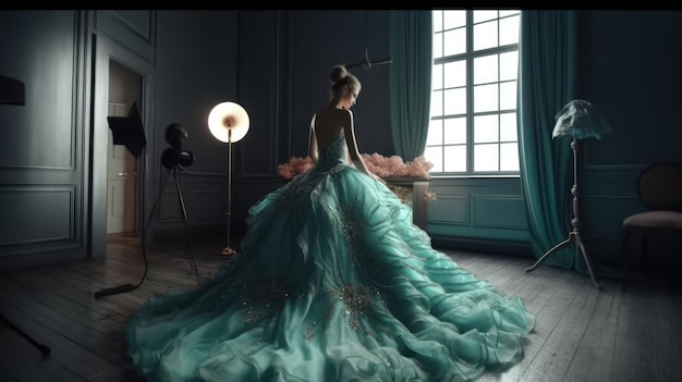 Kobieta w niebieskiej sukience stoi w ciemnym pokoju z lampą na podłodze.