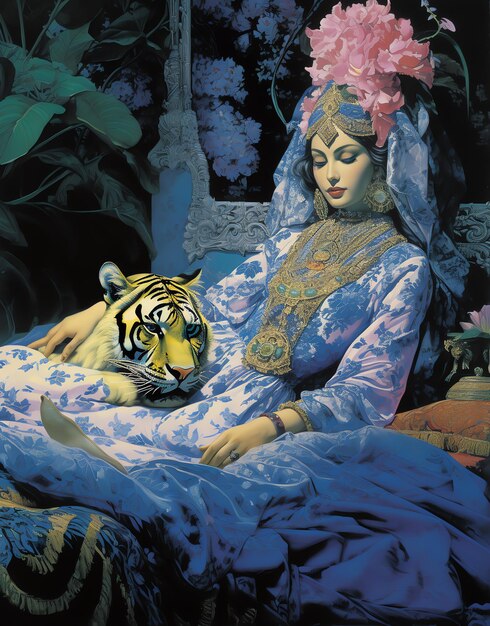 Zdjęcie kobieta w niebieskiej sukience trzyma tygrysa.