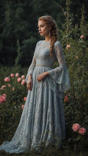 kobieta w niebieskiej sukience z długim pleciem na środku pola kwiatów