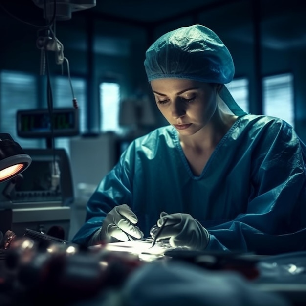 Zdjęcie kobieta w niebieskim fartuchu pracuje nad operacją.