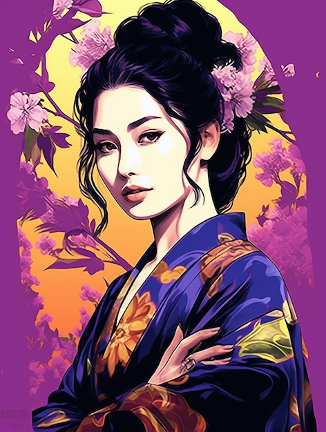 Kobieta w niebieskim kimono z kwiatami na dole.