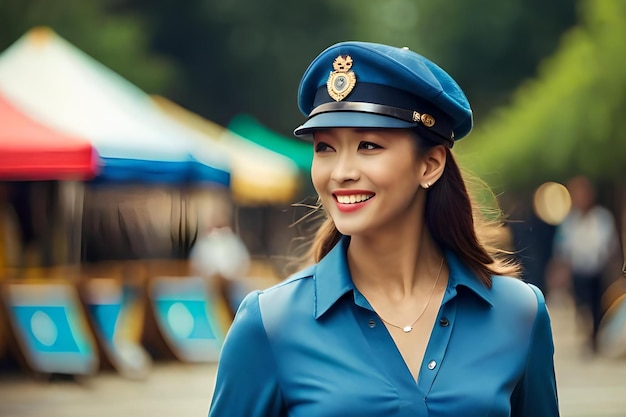 Kobieta w niebieskim mundurze i niebieskim kapeluszu uśmiecha się do kamery.
