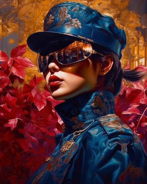 Kobieta w niebieskim mundurze i okularach przeciwsłonecznych stoi na czerwonym liściastym tle.