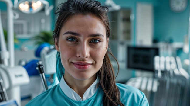 Kobieta w niebieskim mundurze stoi w gabinecie dentystycznym
