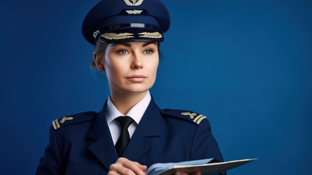 Kobieta w niebieskim mundurze trzyma schowek i patrzy w kamerę.