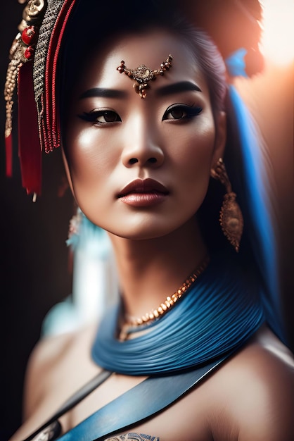 Kobieta w niebieskim nakryciu głowy i złotym naszyjniku