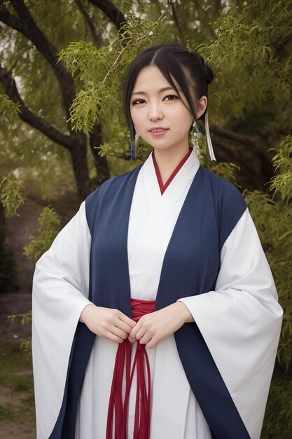 Zdjęcie kobieta w niebiesko-białym kimonie stoi przed drzewem.