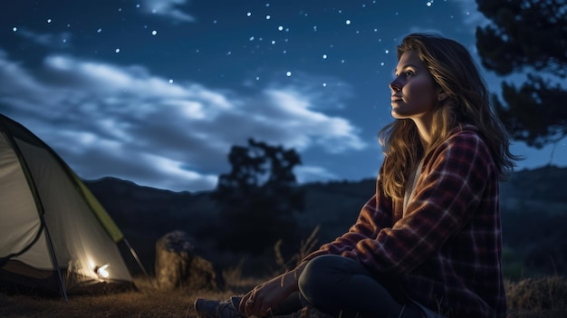 Kobieta w obozie patrzy na nocne niebo i gwiazdy obok swojego namiotu w przyrodzie