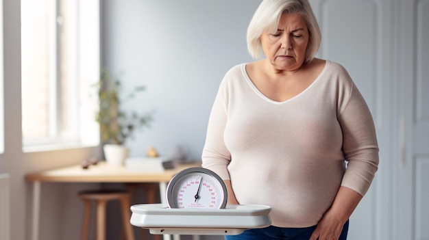 Kobieta w okresie menopauzy w średnim wieku martwiła się o przyrost wagi stojąc na wagach w sypialni w swojej rezydencji.