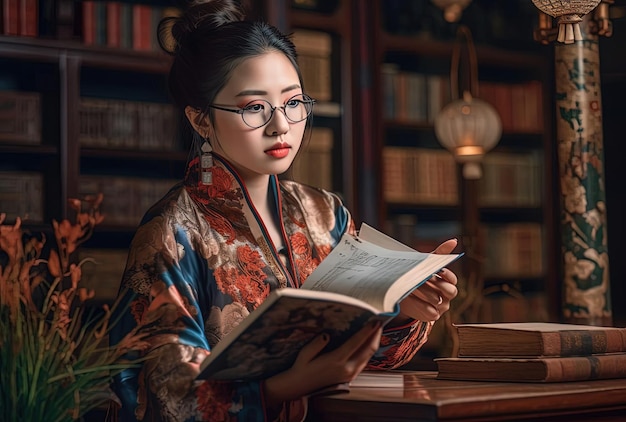 kobieta w okularach czytająca książkę w bibliotece w stylu tradycyjnego chińskiego