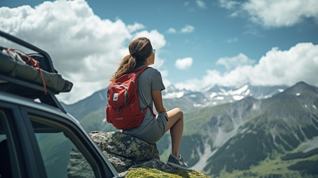 Kobieta w okularach i czerwonym plecaku siedzi na skale, plecami do samochodu, podziwiając odpoczywające góry. Utworzono za pomocą technologii Generative AI