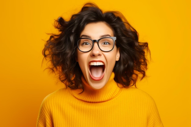 Zdjęcie kobieta w okularach i żółtym swetrze robi śmieszną minę z otwartymi ustami.