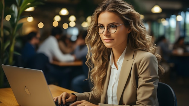 kobieta w okularach korzystająca z laptopa przy stole Generacyjna sztuczna inteligencja