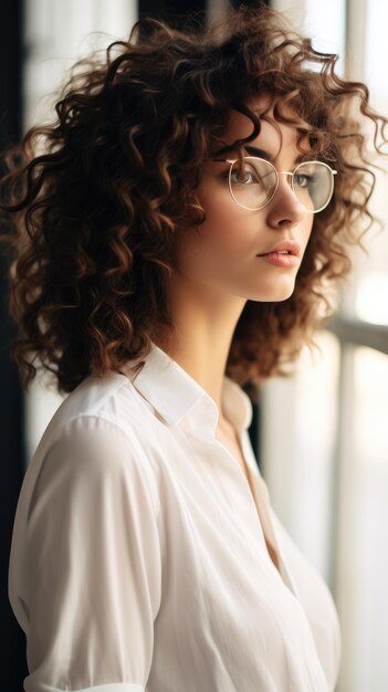 Kobieta w okularach krótkie kręcone włosy