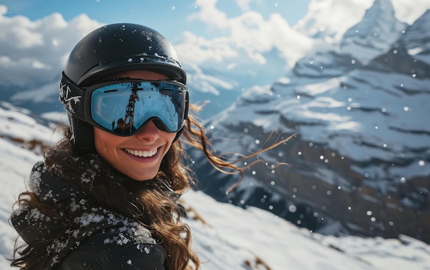 Kobieta w okularach narciarskich i hełmie narciarskim na śnieżnej górze