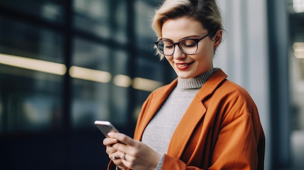 Zdjęcie kobieta w okularach patrzy na swój telefon, patrząc na swój telefon.