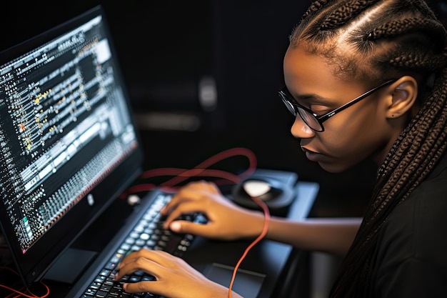 Kobieta w okularach pracująca na komputerze z kodem Generative Ai