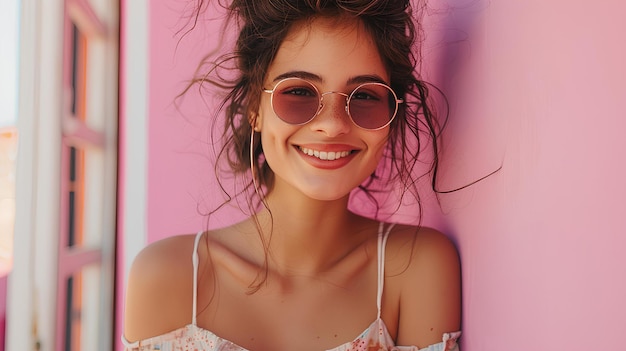 Kobieta w okularach przeciwsłonecznych i białym topie uśmiecha się do kamery z włosami w bułeczce i oczami