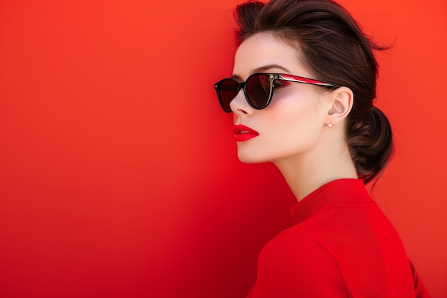 kobieta w okularach przeciwsłonecznych i czerwonej koszuli pozuje na zdjęcie