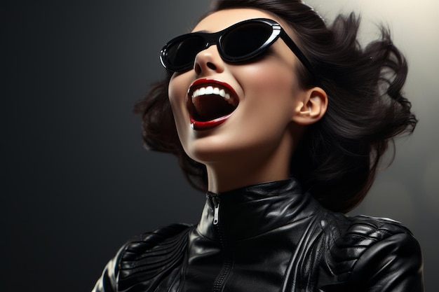 kobieta w okularach przeciwsłonecznych i skórzanej kurtce z otwartymi ustami