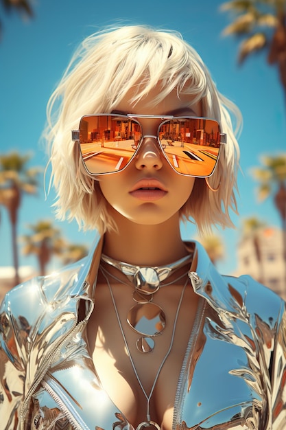 Zdjęcie kobieta w okularach przeciwsłonecznych i srebrnej kurtce