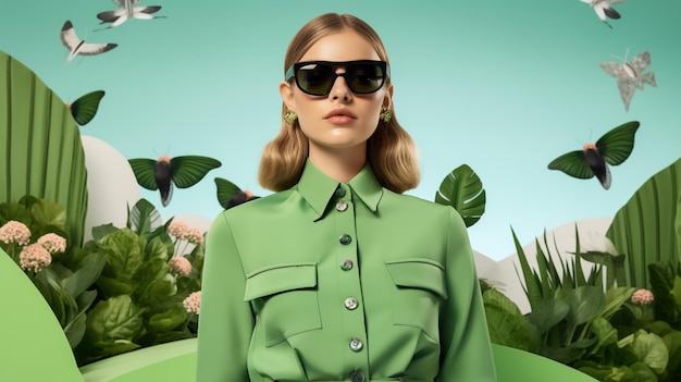 kobieta w okularach przeciwsłonecznych i zielonej koszuli stoi przed palmą
