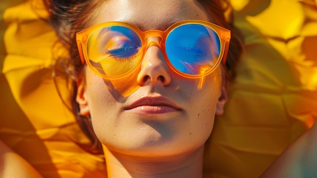 Zdjęcie kobieta w okularach przeciwsłonecznych leży na żółtym koce