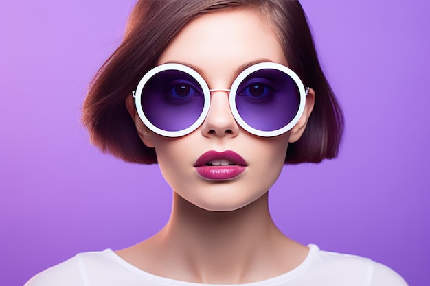 Kobieta w okularach przeciwsłonecznych na fioletowym tle