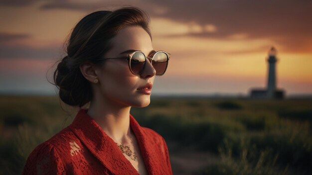 Zdjęcie kobieta w okularach przeciwsłonecznych stoi na polu z zachodem słońca za nią
