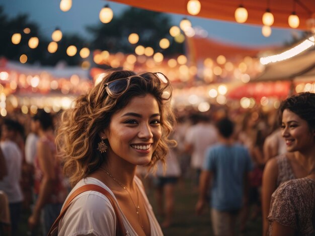 Kobieta w okularach przeciwsłonecznych stojąca w tłumie ludzi na festiwalu