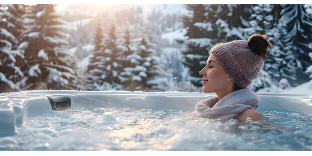 Kobieta w outdoor hot tub otoczona śnieżnym lasem znajduje błogosławieństwo w spa Concept Winter Wellness Retreat Hot Tub Serenity Snowy Forest Escape Spa Bliss Relaxation in Nature