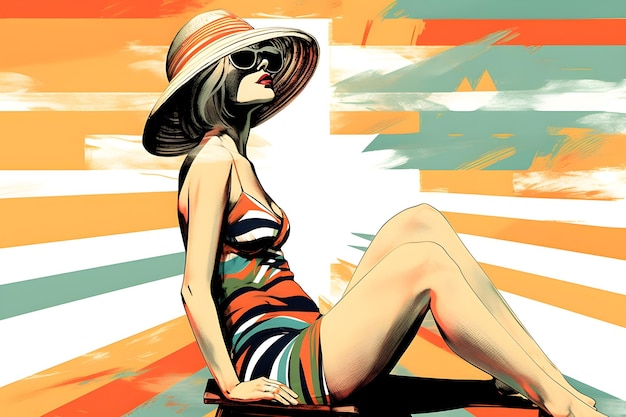 Kobieta w pasiastej sukience i kapeluszu siedzi na plaży.