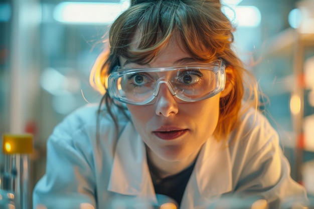 Zdjęcie kobieta w płaszczu laboratoryjnym i okularach ochronnych patrzy na coś.