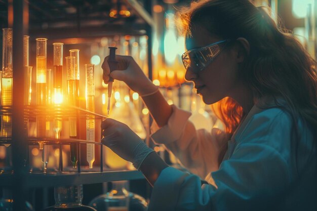 Kobieta w płaszczu laboratoryjnym pracuje w laboratorium.