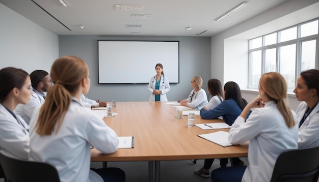 Kobieta w płaszczu laboratoryjnym stoi przed stołem z innymi ludźmi.