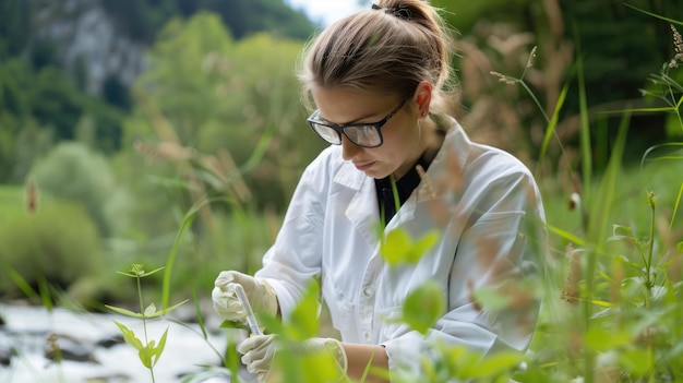 Zdjęcie kobieta w płaszczu laboratoryjnym zbiera próbkę wody z rzeki do badania aig