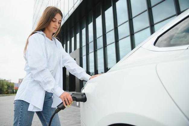 Kobieta w pobliżu samochodu elektrycznego Pojazd ładowany na stacji ładującej