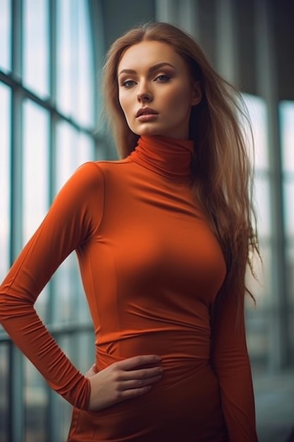 Kobieta w pomarańczowej koszuli z długimi rękawami stoi przed oknem.