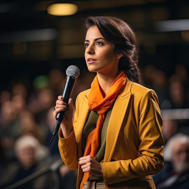 Kobieta w pomarańczowej kurtce przemawiająca na konferencji