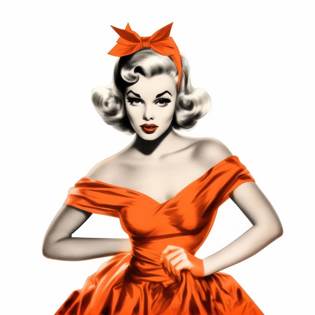 Kobieta w pomarańczowej sukience z czerwonym łukiem na ramieniu.