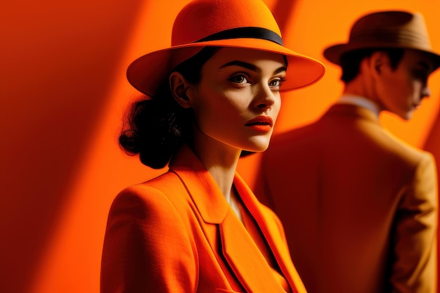 Kobieta w pomarańczowym kapeluszu i pomarańczowym garniturze stoi na czerwonym tle.