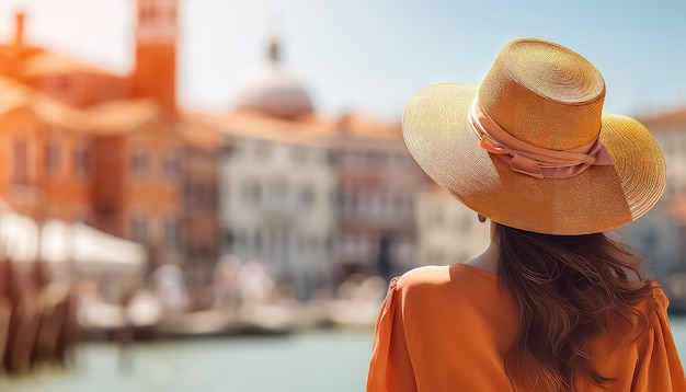 Kobieta w pomarańczowym kapeluszu w słońcu w Wenecji