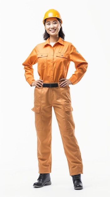 kobieta w pomarańczowym mundurze pozuje do zdjęcia
