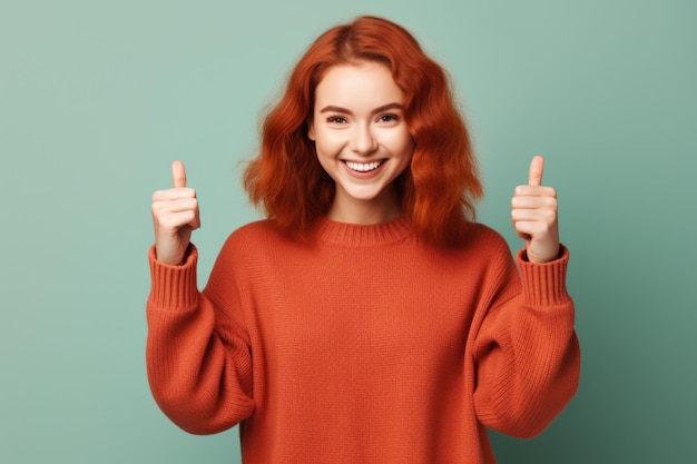 Zdjęcie kobieta w pomarańczowym swetrze trzyma dwa kciuki w górze ten obraz może być używany do przedstawienia pozytywnej aprobaty lub sukcesu