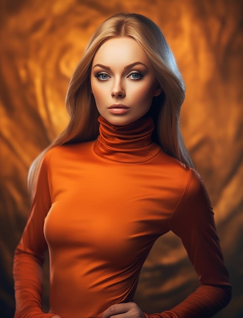 Kobieta w pomarańczowym topie i niebieskich oczach stoi na złotym tle.