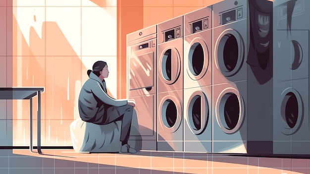 Kobieta w pralni samodzielnej z maszynami do prania generatywna ai