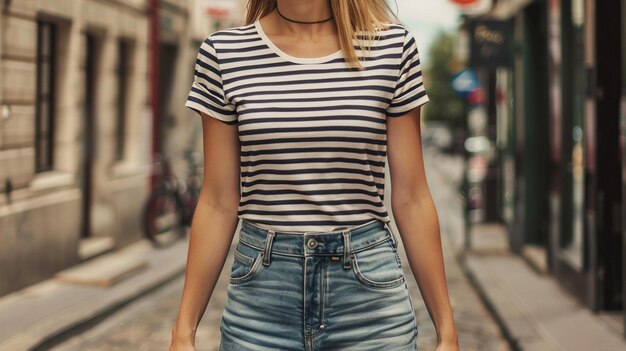 Kobieta w prążkowanej koszuli i dżinsach stojąca na ulicy